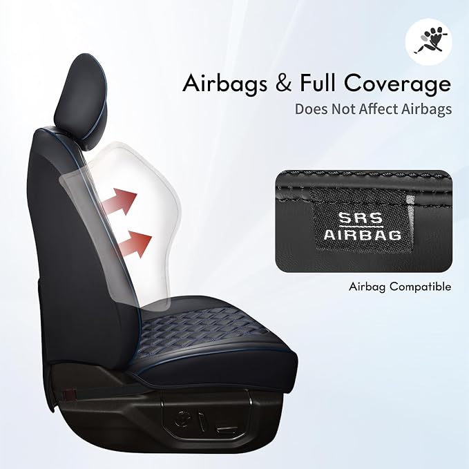 Huidasource Dodge Ram Seat Covers, Front&Rear Pickup Truck Leather Seat Cover Fit for 2009-2018 1500, 2010-2025 2500/3500 Crew Mega Cab, 2019-2025 ram 1500 Classic only(Full Set/Black&Blue)