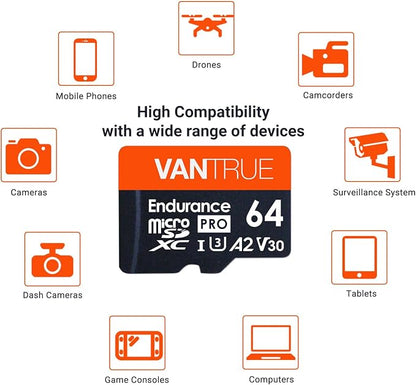 Vantrue 64GB microSD Card with Adapter, U3 UHS-I High Speed SD Card for Dash Cams & Home Security System Video Cameras