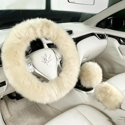 Fuzzy Genuine Sheepskin Steering Wheel Cover Set for Women Parents-Fluffy Soft Australian Merino Wool Wrap with Gear Shift and Hand Brake Covers, Cozy Stylish Luxury Car Accessories (Linen Color)