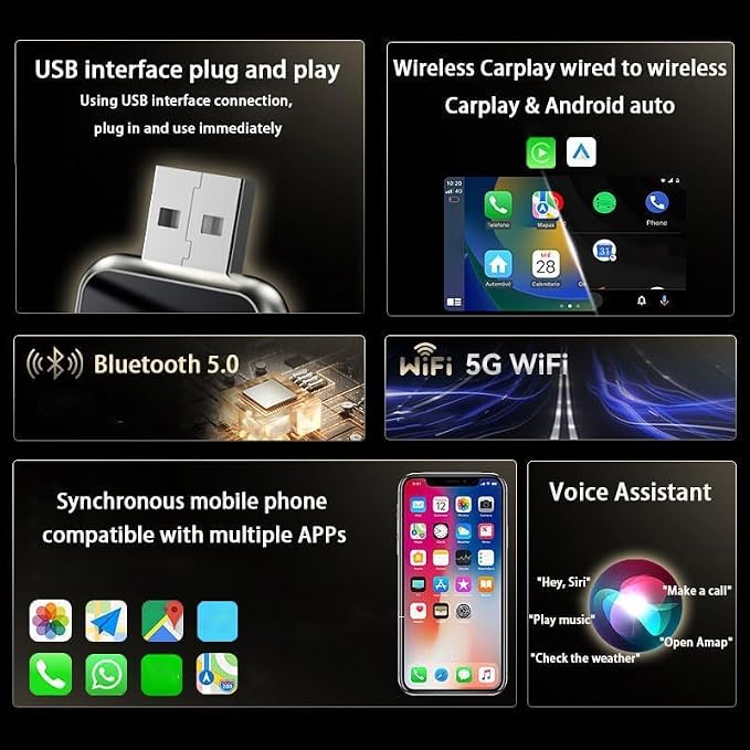 Wireless CarPlay Adapter 2-in-1 for Mercedes E-Class 2017 2018 2019 2020 2021 2022 2023 2024 2025, USB Design Plug and Play Bluetooth Fast Connection Car Accessories,B-Silver