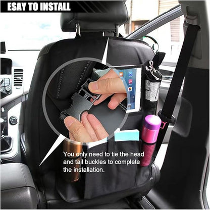 Car Backseat Organizer with Clear 10" Tablet Holder + 5 Storage Pockets - Seat Back Protector Kick Mats for Kids - Car Back Seat Storage Organizer - Road Trip Essentials Travel Accessories (1PC)