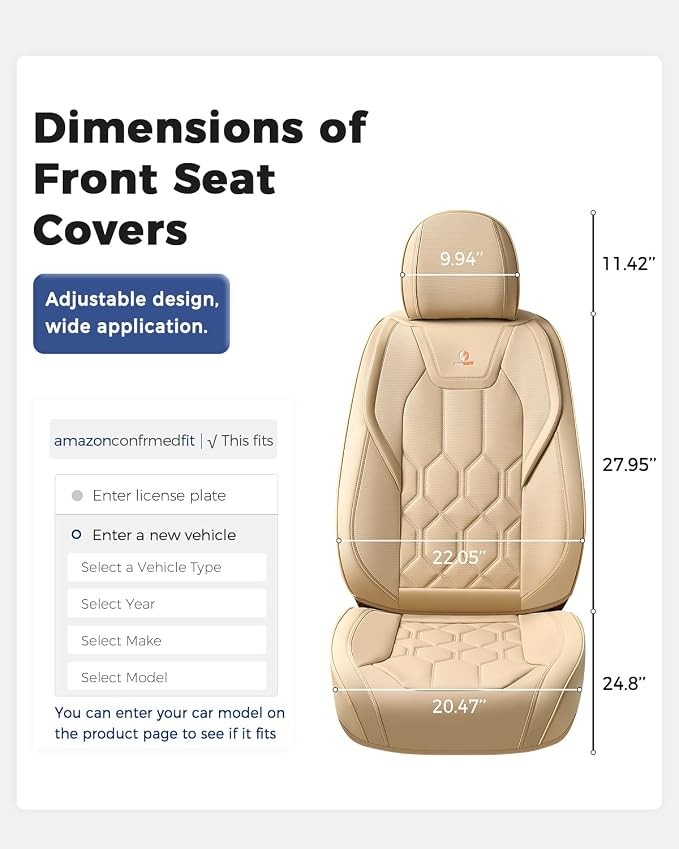 Huidasource Front Seat Covers, Universal Fit for Most Cars SUV Trucks, Full Coverage Leather Seat Cover, Airbag Compatble, Seat Function Retain, Storage Pocket Design, Easy to Install, Beige