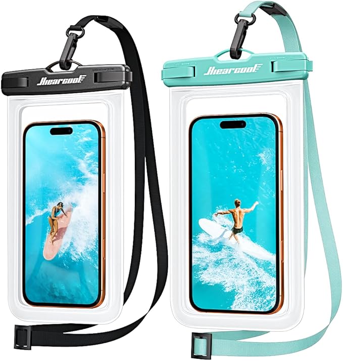 Hiearcool Waterproof Phone Pouch 2 Pack, IPX8 Dry Bag with Lanyard, Touch Screen Compatible for iPhone 17/16/15/14/13 Pro Max, Beach Swimming Cruise Travel-Clear & Mint Green