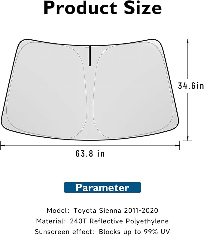 BIBLOZ Car Windshield Sun Shade for Toyota Sienna 2011-2020, L, LE, SE, XLE, Limited Platinum Accessories Foldable Car PET Sunshade Keeps The Cool Inside