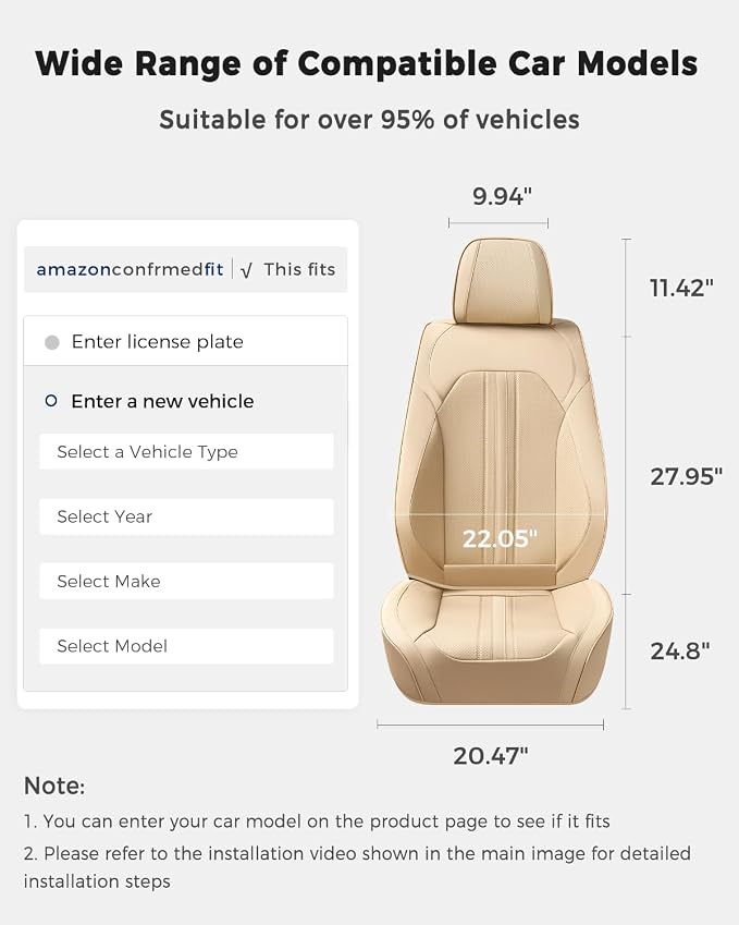 Huidasource Beige Front Seat Cover, Luxury Faux Leather Front Car Seat Cover, Compatible with Airbags, Seatbelt Buckles, Perforation Cooling＆Heating, Universal Fit for Most Cars Vans Trucks SUVs Beige