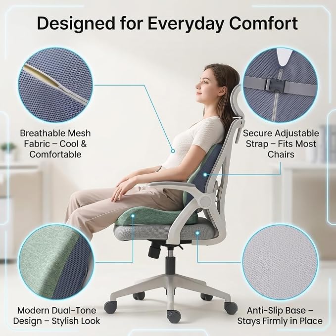Seat Cushion & Lumbar Support Pillow Set for Office Chair, Memory Foam Seat Cushion with Adjustable Strap, Comfort Support Cushions for Office Chair, Car and Wheelchair (Green)