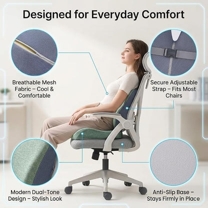 Seat Cushion & Lumbar Support Pillow Set for Office Chair, Memory Foam Seat Cushion with Adjustable Strap, Comfort Support Cushions for Office Chair, Car and Wheelchair (Green)