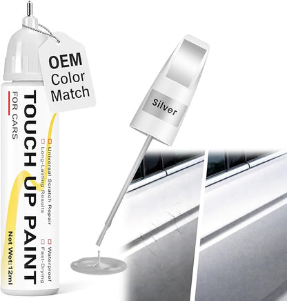 Silver Touch Up Paint for Cars, 2-in-1 Brush & Tip, 0.4 fl oz - Universal Car Scratch Repair Pen for Scratches & Scuffs, OEM Color Match, Quick-Dry & Long-Lasting