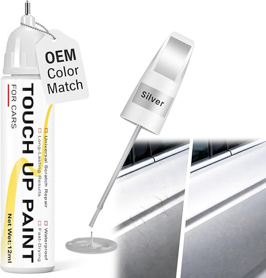 Silver Touch Up Paint for Cars, 2-in-1 Brush & Tip, 0.4 fl oz - Universal Car Scratch Repair Pen for Scratches & Scuffs, OEM Color Match, Quick-Dry & Long-Lasting
