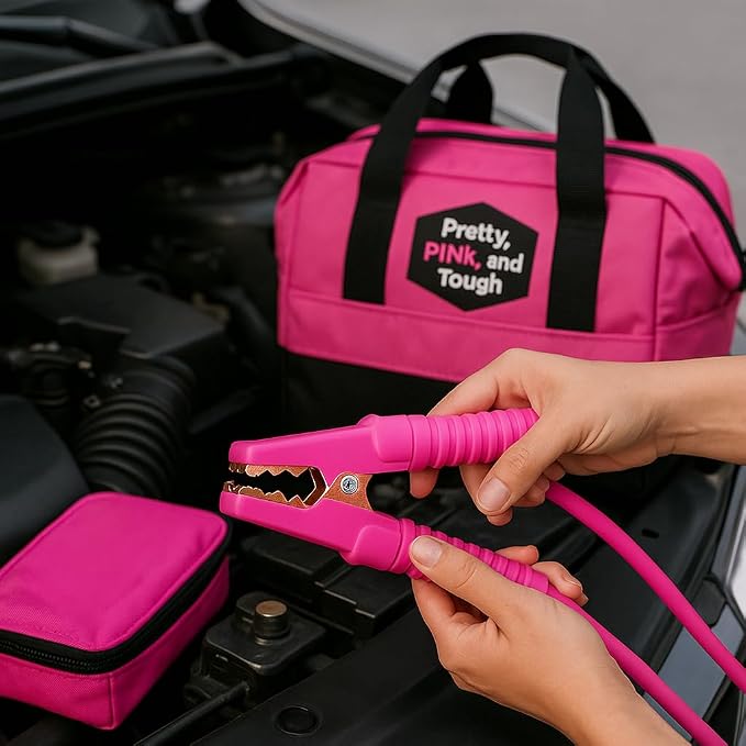 Pretty Pink Roadside Kit - Pink Emergency Kit for Teen Girls and Women - Car Accessories for Women - Durable Carry Bag with Long Jumper Cables, First Aid Kit, Emergency Tools, 5 Year Warranty