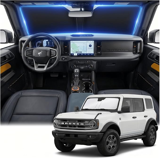 Windshield Sun Shade for Ford Bronco 2021-2024 2025 2026 Front Window Shade Custom Fit Bronco Accessories Sun Visor Foldable Shade Blocks UV Rays Summer Must Have Car Accessories