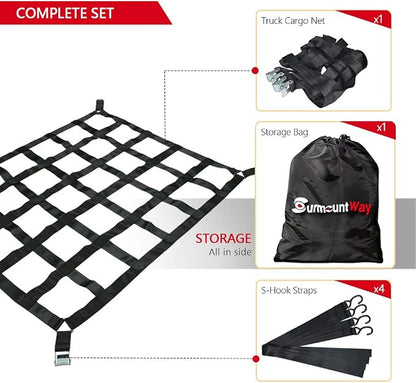 Surmountway Cargo Net for Pickup Truck Bed(82" x 50"), Truck Bed Cargo Net with Capacity 1100LBS, Heavy Duty Cargo Nets with Adjustable Cam Buckles & S-Hooks, Truck Cargo Net for Trailer Trucks