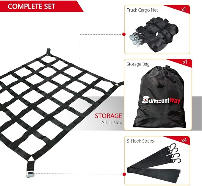 Surmountway Cargo Net for Pickup Truck Bed(42" x 50"), Truck Bed Cargo Net with Capacity 1100LBS, Heavy Duty Cargo Nets with Adjustable Cam Buckles & S-Hooks, Truck Cargo Net for Trailer Trucks