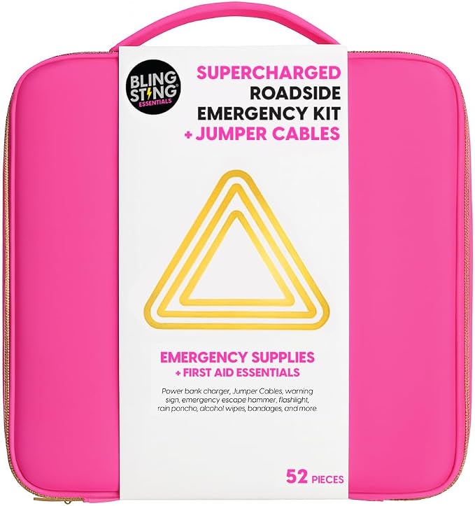 Supercharged Car Emergency Kit – 52-Piece Pink Roadside Safety Tools with Jumper Cables, Flashlight, Escape Tool & First Aid Essentials – Compact Travel Case for Women, New Drivers & Students