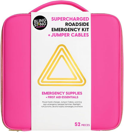Supercharged Car Emergency Kit – 52-Piece Pink Roadside Safety Tools with Jumper Cables, Flashlight, Escape Tool & First Aid Essentials – Compact Travel Case for Women, New Drivers & Students