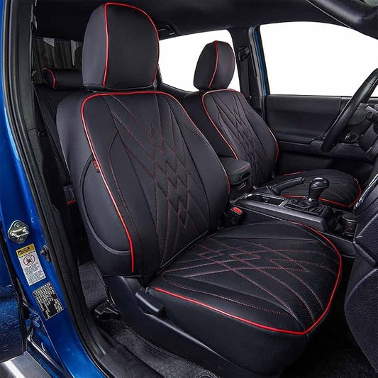 EKR Custom Fit Tacoma Front Car Seat Covers for Toyota Tacoma 2016 2017 2018 2019 2020 2021 2022 2023 Double Cab/Access Cab - Front Row Only, Faux Leather(Black with Red Trim)