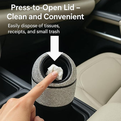 Sakali Bling Car Trash Can with Lid – Diamond Rhinestone Mini Car Garbage Bin for Cup Holder – Sparkly Car Accessory for Women – Small Car Trash Bin for Vehicle Interior