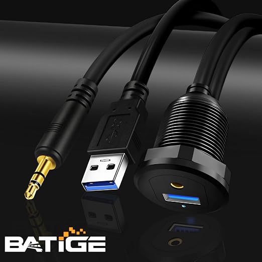 Alloy USB 3.0 AUX DC3.5mm Port Car Mount Flush Cable for Car Boat Motorcycle Dash Panel with LED Indicator - 3ft