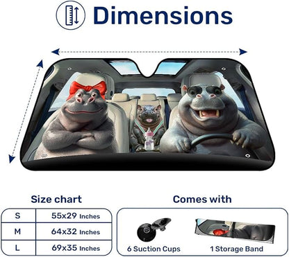 GENANY Funny Hippo Windshield Sun Shade for Car SUV Truck (64x32 Inches), Sun Shade Windshield, Shades for Front Windows, Protector Blocks UV, Auto Gift, Car Decor