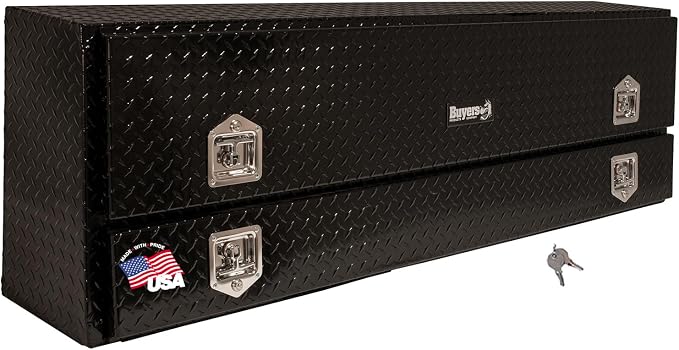 Buyers Products 1725640 Black Diamond Tread Aluminum Contractor Truck Tool Box, 2 Tier Storage, 72 x 21 x 13.2 in, Flip-Up Door with Gas Shocks, Weather Resistant, No Drill Install, Made in USA