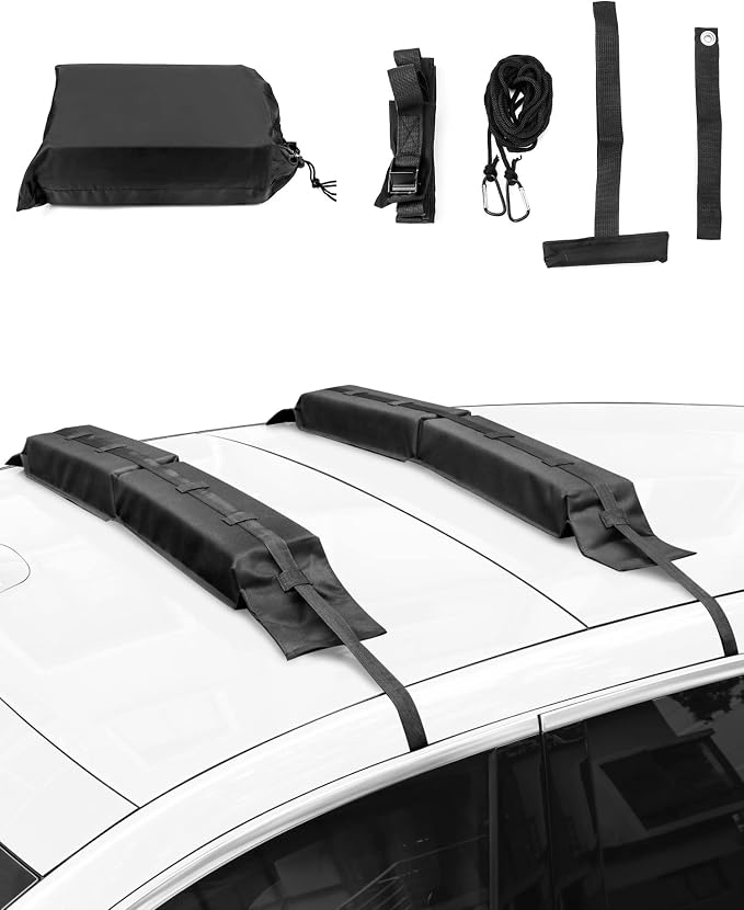 QWORK Universal Soft Roof Rack Pads with 16ft Waterproof Tie-Down Straps, Car Roof Top Carrier System for Kayak Surfboard Canoe SUP Snowboard, No Roof Rails Needed, Storage Bag