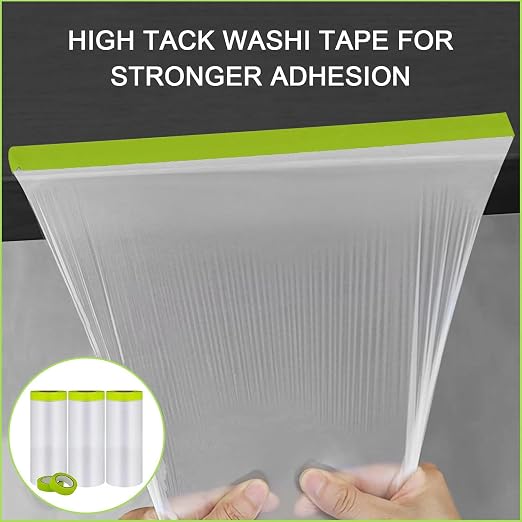 Pre-Taped Masking Film-55inx65ft Tape and Drape Painters Paper Rolls, Plastic Painting Film for Automotive Painting Covering （Masking Film:10rolls,Tape:5rolls）