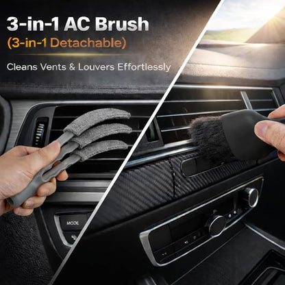 15-Piece Car Interior & Glass Cleaning Kit - 3 Graded Boar Brushes, 3-in-1 AC Vent Shutter Brush, 160g Gel, 180° Swivel Retractable Glass Brush | Auto-Focus Multi-Scenario Use