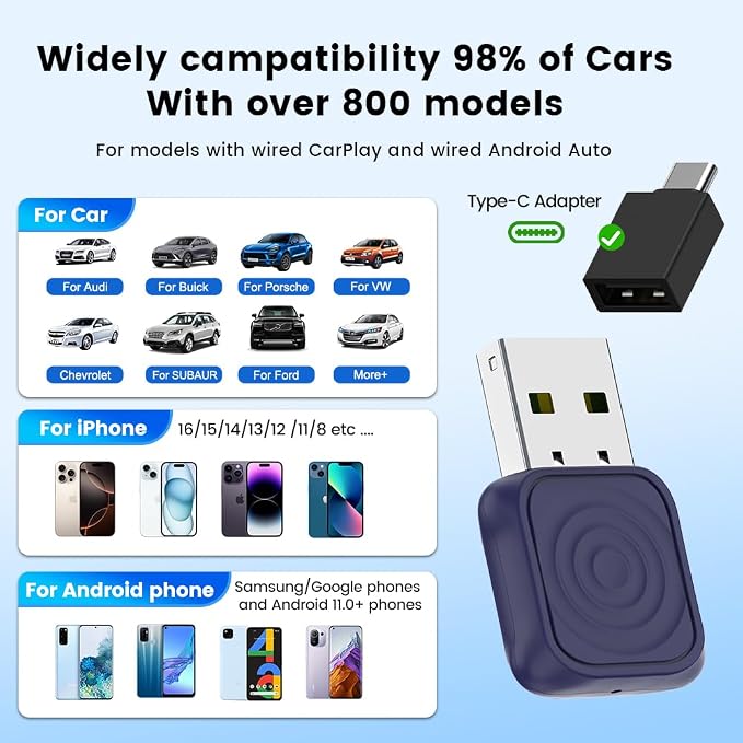 Carlinkit 2-in-1 Mini Ultra Wireless CarPlay Adapter & Android Auto - for iOS 10+/Android 11+, Convert Wired to Wireless with USB-A/Type-C, Plug & Play, 5.8G WiFi Fast & Stable Car with 2018+