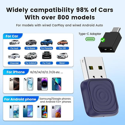 Carlinkit 2-in-1 Mini Ultra Wireless CarPlay Adapter & Android Auto - for iOS 10+/Android 11+, Convert Wired to Wireless with USB-A/Type-C, Plug & Play, 5.8G WiFi Fast & Stable Car with 2018+