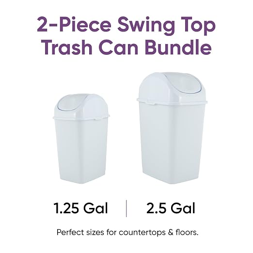 Superio Mini 1.25 Gallon and Small 2.5 Gallon Plastic Trash Cans with Swing Top Lid, Grey Waste Bin for Countertop, Desk, Vanity, Bathroom, 2 Pack (White)