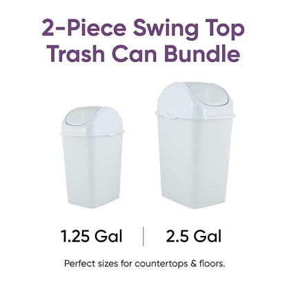 Superio Mini 1.25 Gallon and Small 2.5 Gallon Plastic Trash Cans with Swing Top Lid, Grey Waste Bin for Countertop, Desk, Vanity, Bathroom, 2 Pack (White)