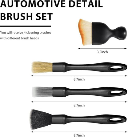 4 PCS Car Detailing Brush Set, Boars Bristle No Scratch Dusting Tool Cleaning Auto Interior or Exterior, Premium Brushes Cleaning Supplies for Dashboard Air Vent Seat Wheel