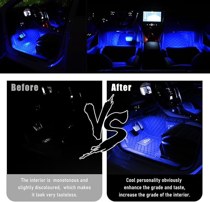 Wevdn Car Interior LED Strip Light, 12V 24 LED Neon Ambient Night Light with Cigarette Lighter Plug, Automotive Atmosphere Decorative Under Dash Lighting Kit, Car Accessories (Blue)