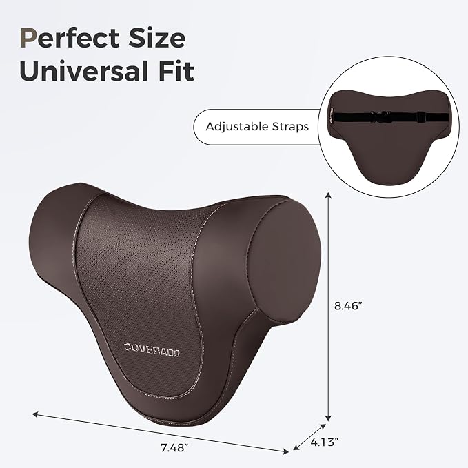 Coverado Car Headrest Pillow, Ergonomic Memory Foam Car Neck Pillow for Driving Seat with Adjustable Strap, Soft PU Leather Breathable Removable Cover Neck Support for Neck Pain Relief