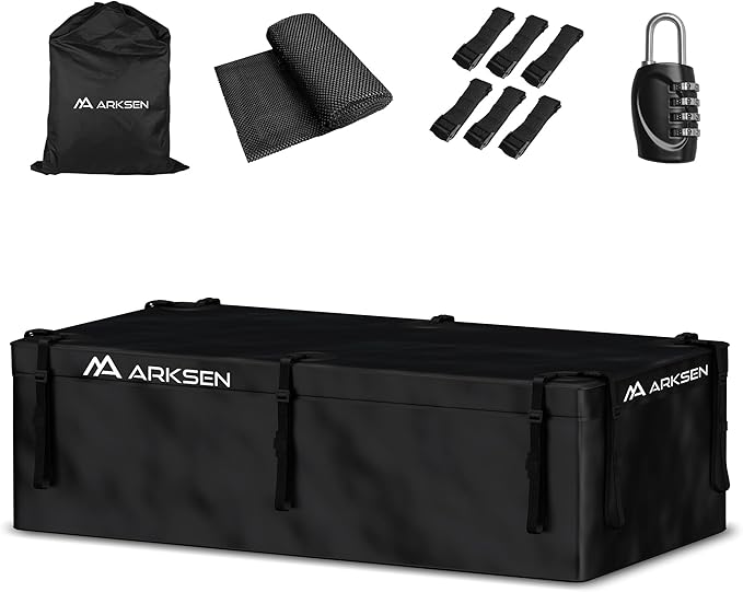 ARKSEN Roof Top Luggage Storage Bag for 64" x 39" Roof Baskets Waterproof 21.5 Cubic Feet (62.2" L x 33.07" W x 18.11" H) with 10 Straps Anti-Slip Mat 6 Door Hooks for All Vehicles with/Without Rack