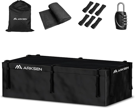 ARKSEN Roof Top Luggage Storage Bag for 64" x 39" Roof Baskets Waterproof 21.5 Cubic Feet (62.2" L x 33.07" W x 18.11" H) with 10 Straps Anti-Slip Mat 6 Door Hooks for All Vehicles with/Without Rack