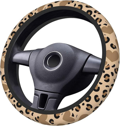 Car Steering Wheel Cover with Anti-Slip Lining, Universal 15 inch Wheel Cover, Fashion Car Interior Accessories for Women Men - Brown Heart Leopard Cheetah
