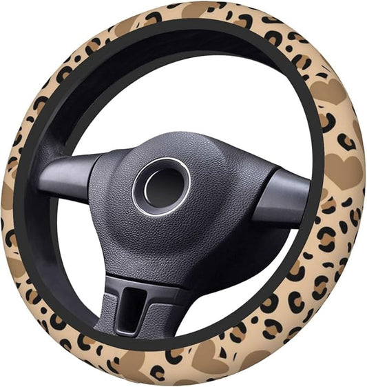 Car Steering Wheel Cover with Anti-Slip Lining, Universal 15 inch Wheel Cover, Fashion Car Interior Accessories for Women Men - Brown Heart Leopard Cheetah