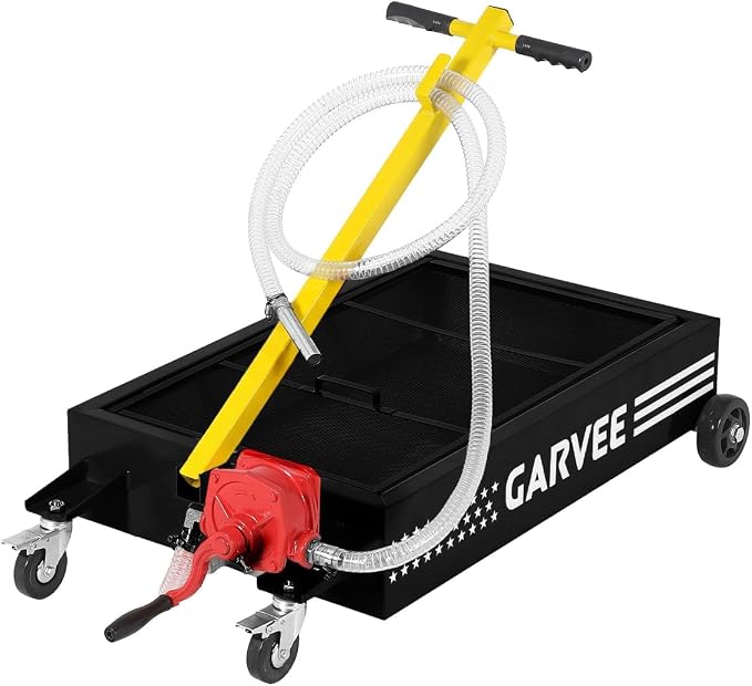Garvee Oil Drain Pan, 15 Gallon Waste Oil Drain Pan for Oil Change, Steel,8-8.2 ft Hose& Folding Handle&Rolling Cart, Heavy Duty for Trucks,Manual,Black