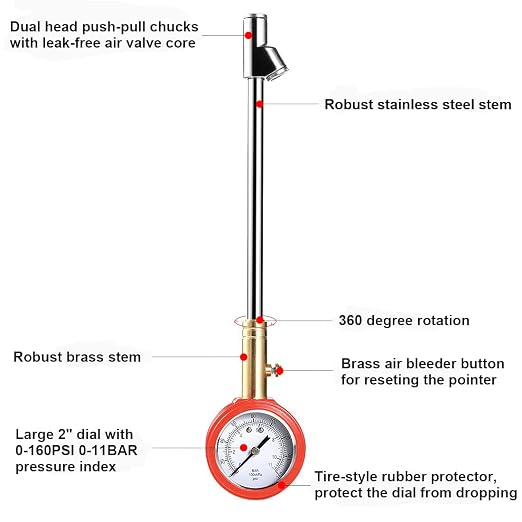 CZC AUTO Accurate Mechanical Tire Pressure Gauge, Straight on Foot Dual Head Truck Air Gage, Heavy Duty Dually Chucks 2" Large Dial Wheel Service Checker for Bus Car Motorcycle Bike, 0-160PSI 0-11bar