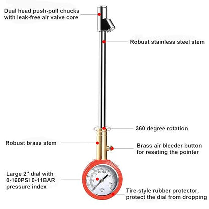 CZC AUTO Accurate Mechanical Tire Pressure Gauge, Straight on Foot Dual Head Truck Air Gage, Heavy Duty Dually Chucks 2" Large Dial Wheel Service Checker for Bus Car Motorcycle Bike, 0-160PSI 0-11bar