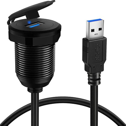 Alloy Single Port USB 3.0 Dashboard Port Car Mount Flush Cable, Male to Female Waterproof Extension Cable for Car Truck Boat Motorcycle with LED Indicator 1ft