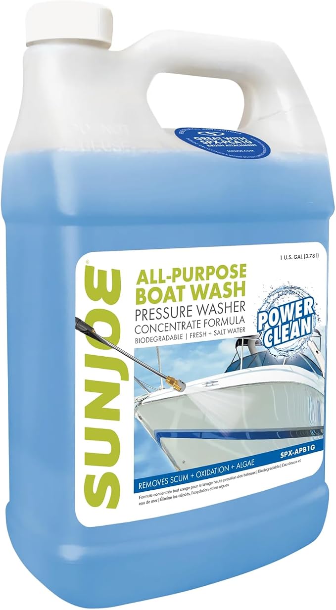 Sun Joe All-Purpose Boat Wash Cleaner for Pressure Washer, Concentrate Formula, Citrus Scent, 1 Gallon - Marine Cleaning Solution for Metal, Wood, Fiberglass, and Exterior Surfaces, SPX-APBW1G