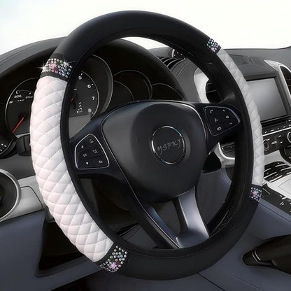 Soft Leather Car Steering Wheel Cover, Universal 15 Inch Colorful Rhinestones Anti-Slip Elastic Steering Wheel Covers for Most Cars, Sparkly Crystal Diamond for Women Girls (White)