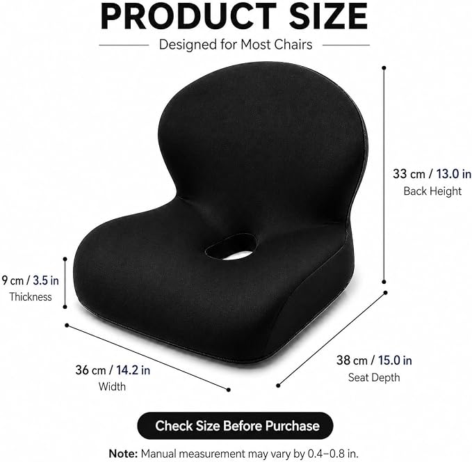 Memory Foam Office Chair Cushion with Back Support, Ergonomic Seat Cushion for Office Chair and Car Seat, Pressure Relief for Long Sitting (Black)