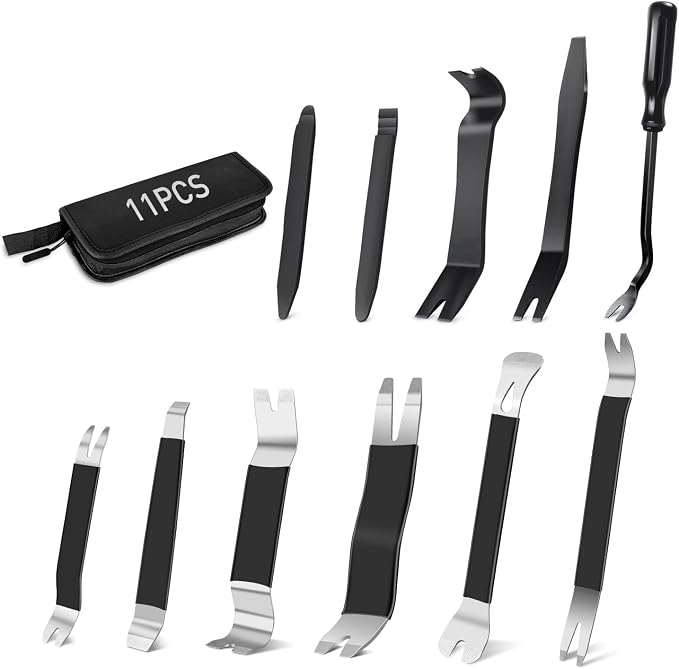 GOOACC 11PCS Trim Removal Tool Kit, Metal & Nylon Pry Tools Set for Car Door Panel, Dashboard, Audio, Clips, Fastener Remover w/ Storage Box – Black