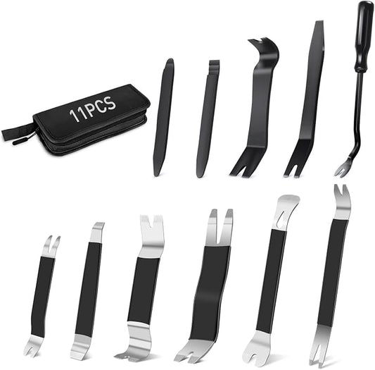 GOOACC 11PCS Trim Removal Tool Kit, Metal & Nylon Pry Tools Set for Car Door Panel, Dashboard, Audio, Clips, Fastener Remover w/ Storage Box – Black