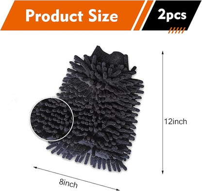 2 PCS Chenille Car Wash Mitt, 5.51" x 9" Premium Microfiber Ultra-Soft Scratch-Free Glove, Double-Sided High Absorbency Car Detailing Mitt, Universal for Most Cars (Black)