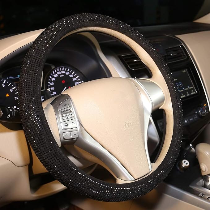 Bling Steering Wheel Cover Women Girls Black Rhinestone Car Accessories 15 Inch Universal Crystal Diamond Cool Bling Anti-Slip Wheel Protector
