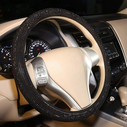 Bling Steering Wheel Cover Women Girls Black Rhinestone Car Accessories 15 Inch Universal Crystal Diamond Cool Bling Anti-Slip Wheel Protector